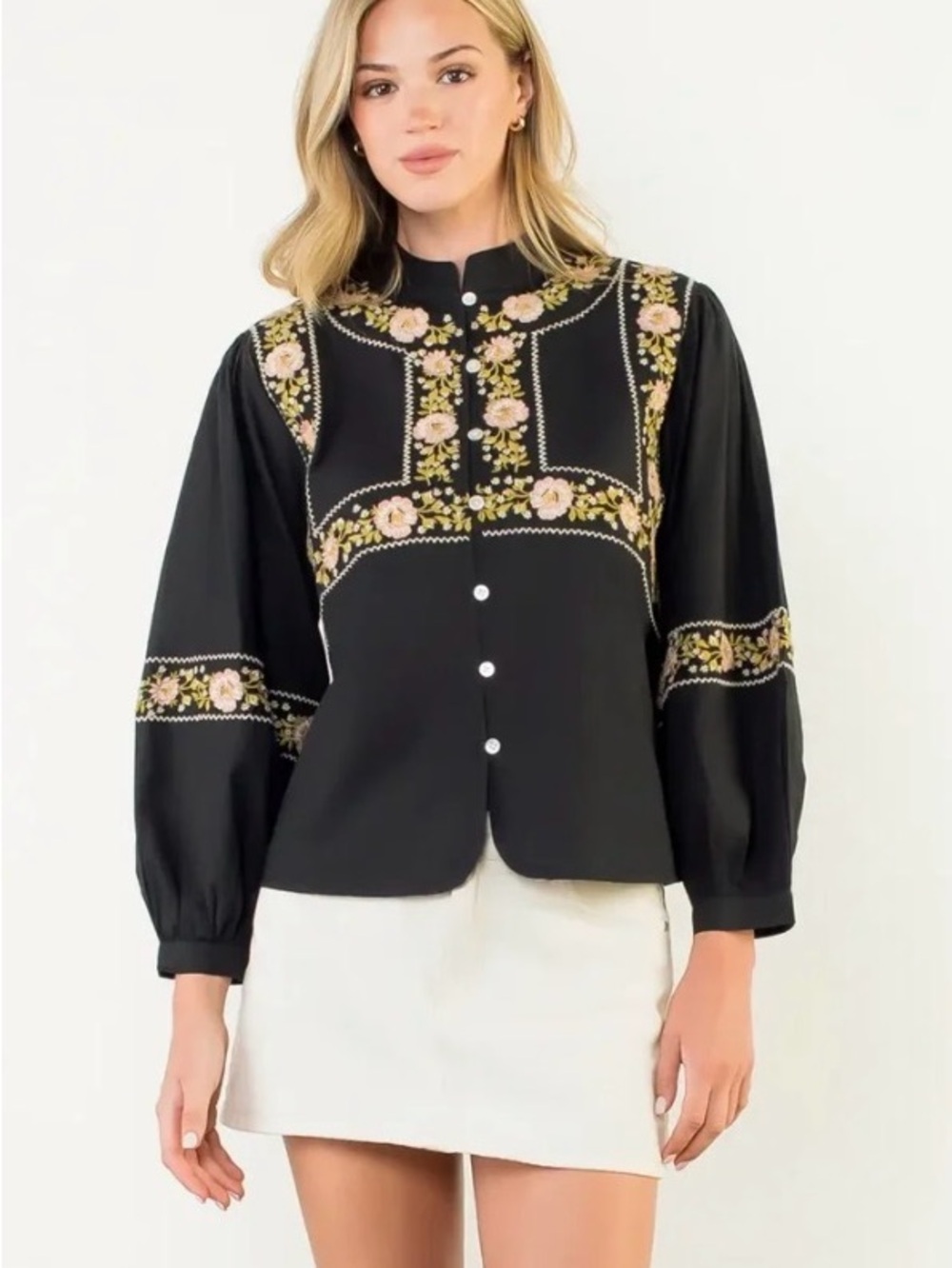 THML Black Floral Embroidered Button-Front Blouse